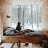 Luxury candle scent image for one of flure's top selling fragrance scents called understated beauti. Picture of a cozy cabin looking out to the white snow outside. Feeling cozy and warm inside.